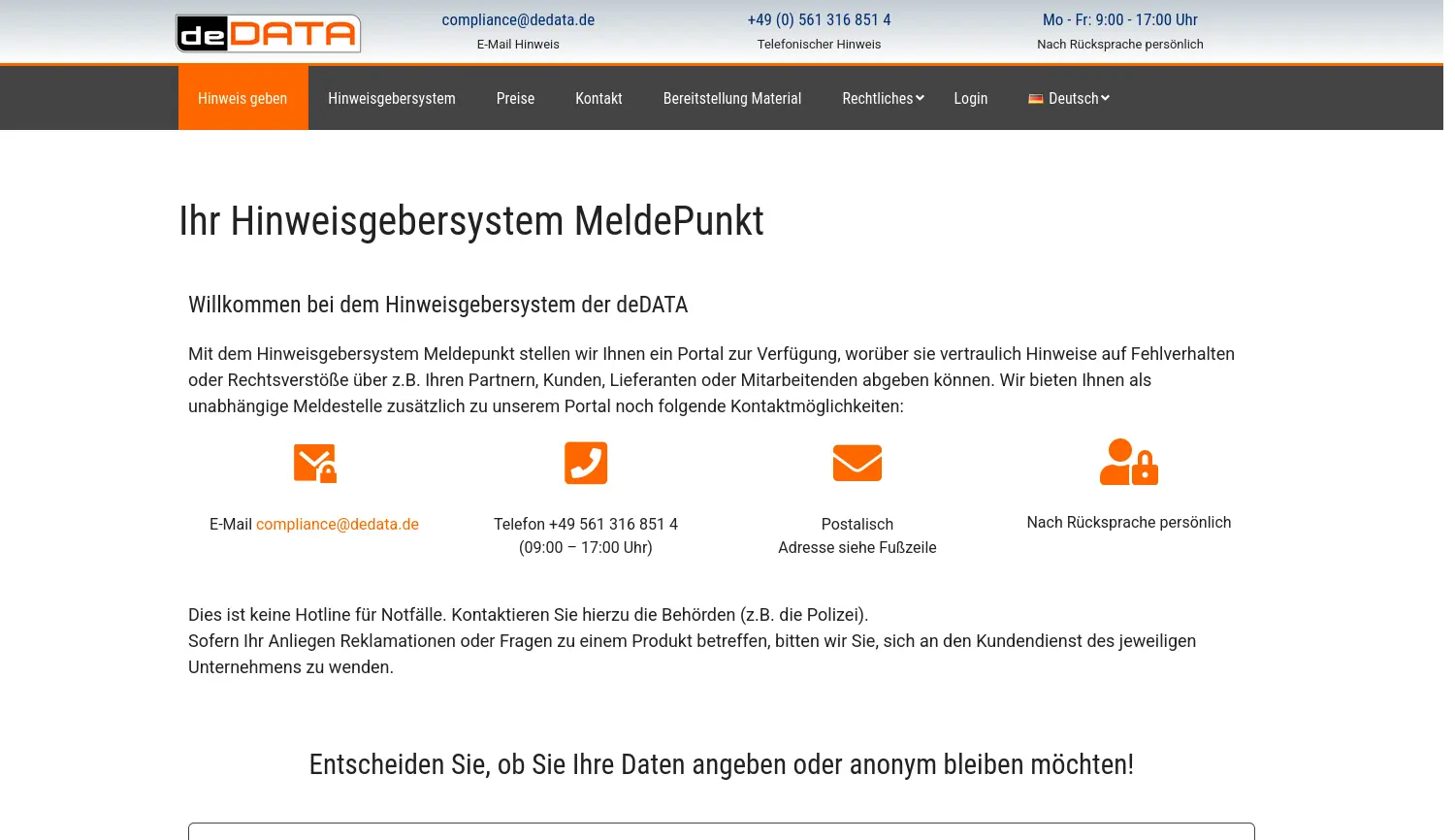 Website der Firma deDATA GmbH & Co. KG