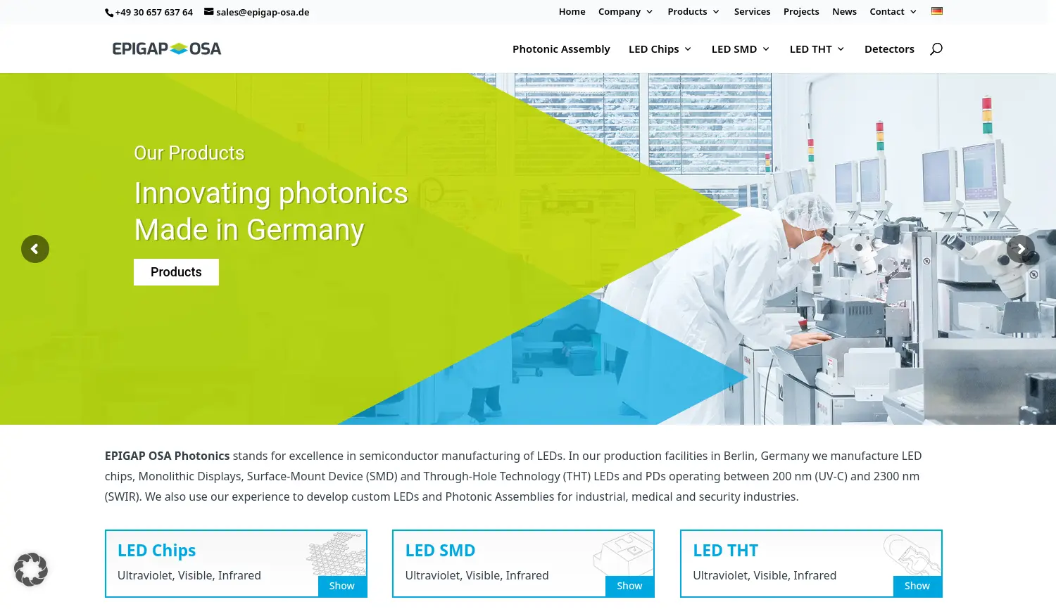 Website der Firma EPIGAP OSA Photonics GmbH