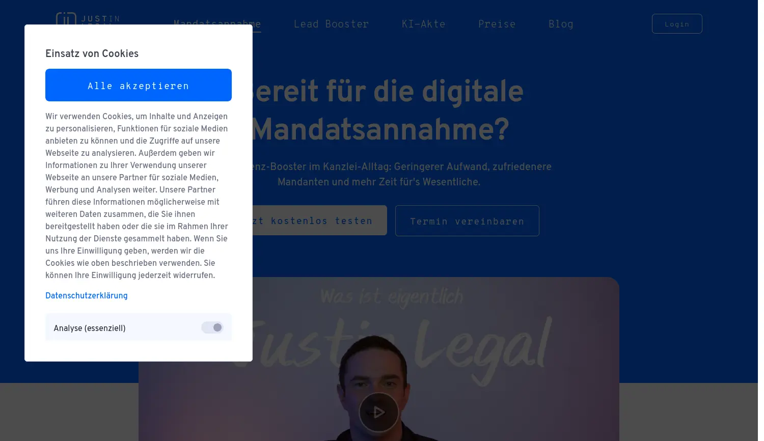 Website der Firma Justin LegalTech GmbH