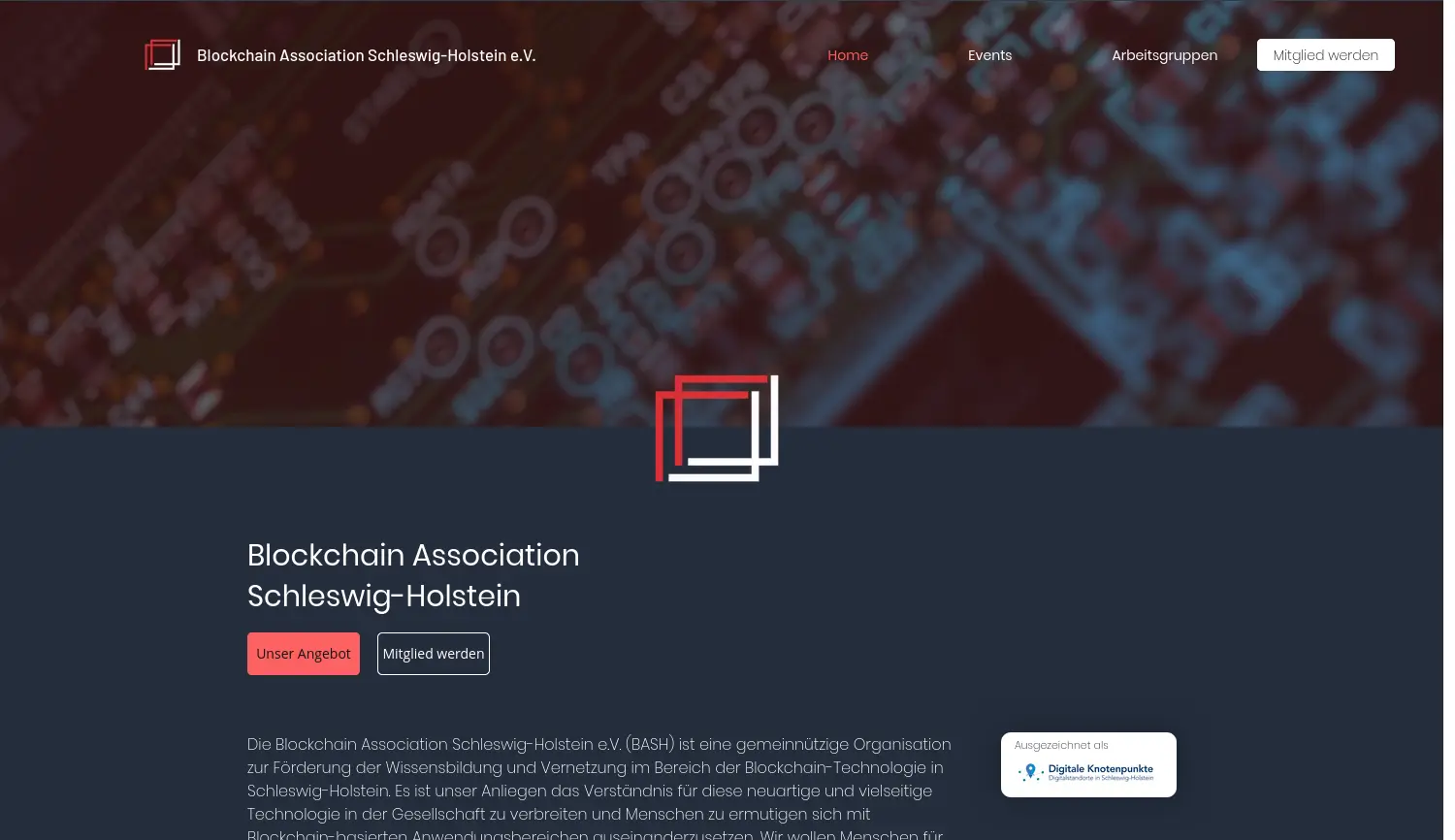Website der Firma Blockchain Association Schleswig-Holstein e.V.