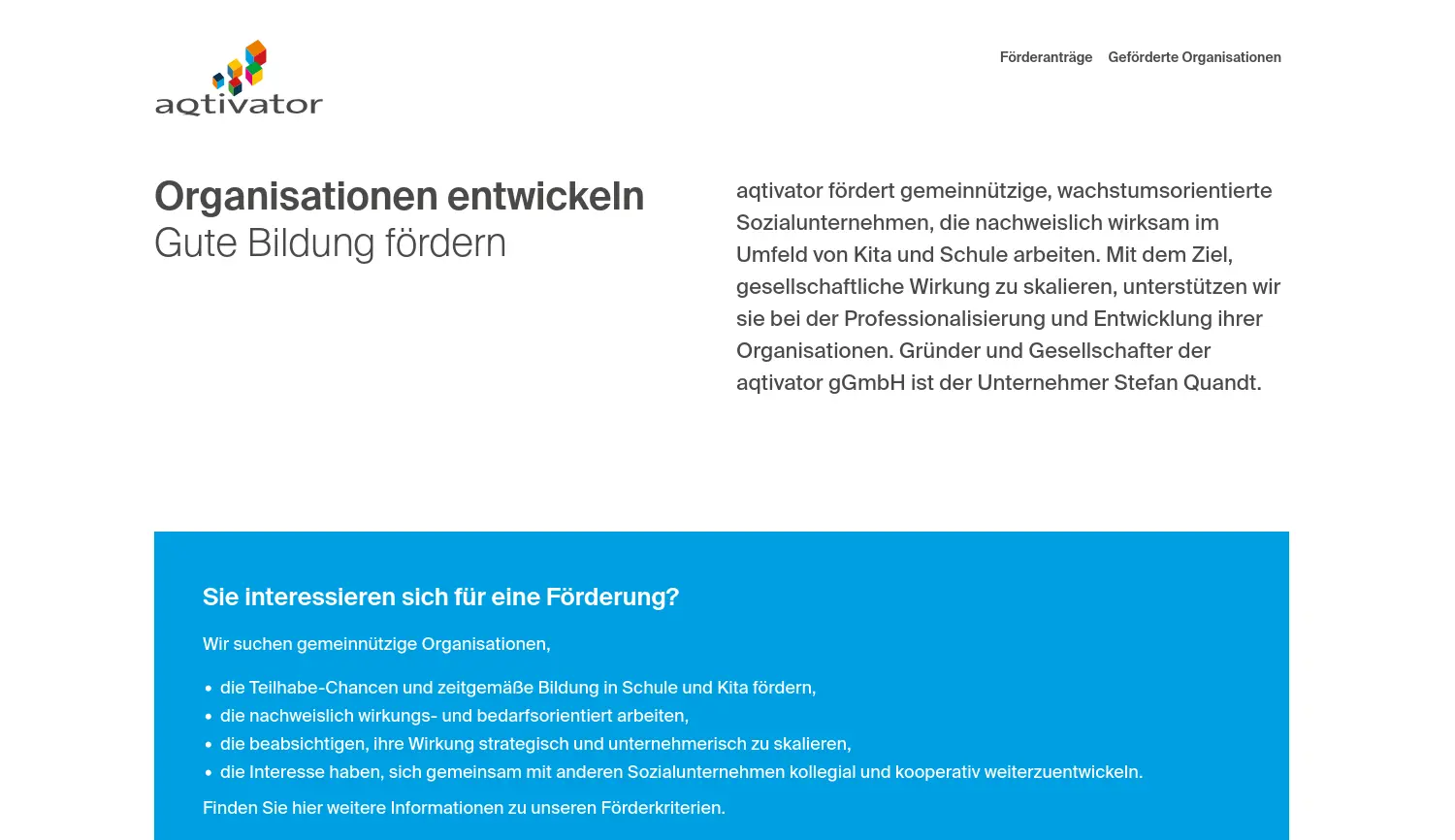Website der Firma aqtivator gGmbH