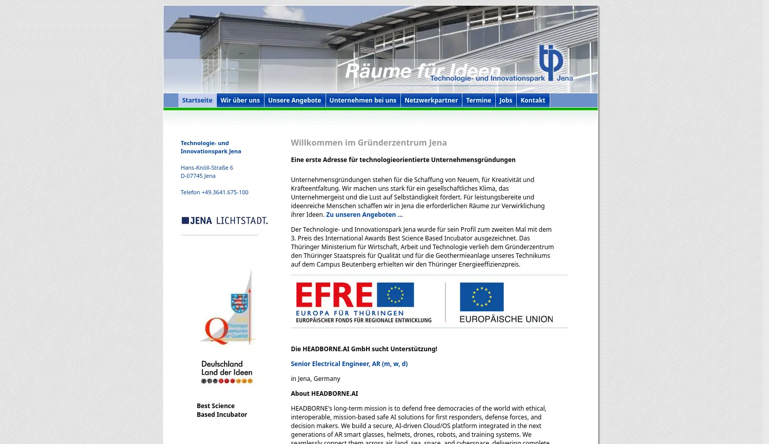 Website der Firma Technologie- und Innovationspark Jena GmbH