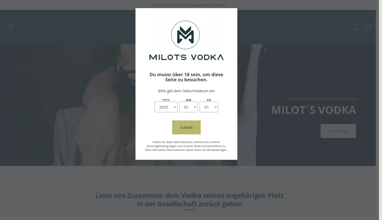 Website der Firma MILOT'S VODKA GmbH