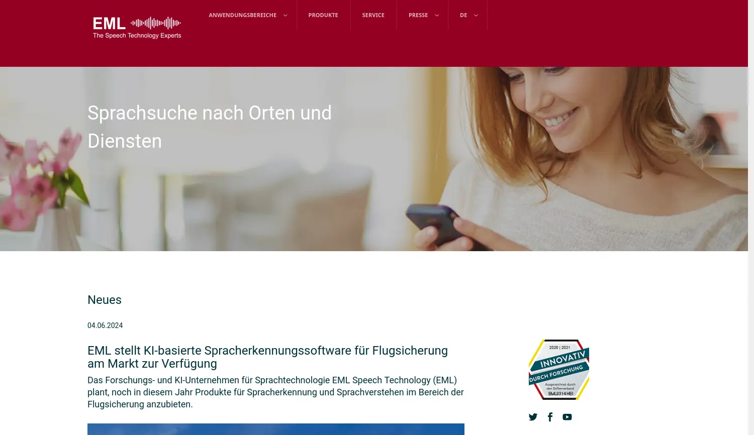 Website der Firma EML Speech Technology GmbH