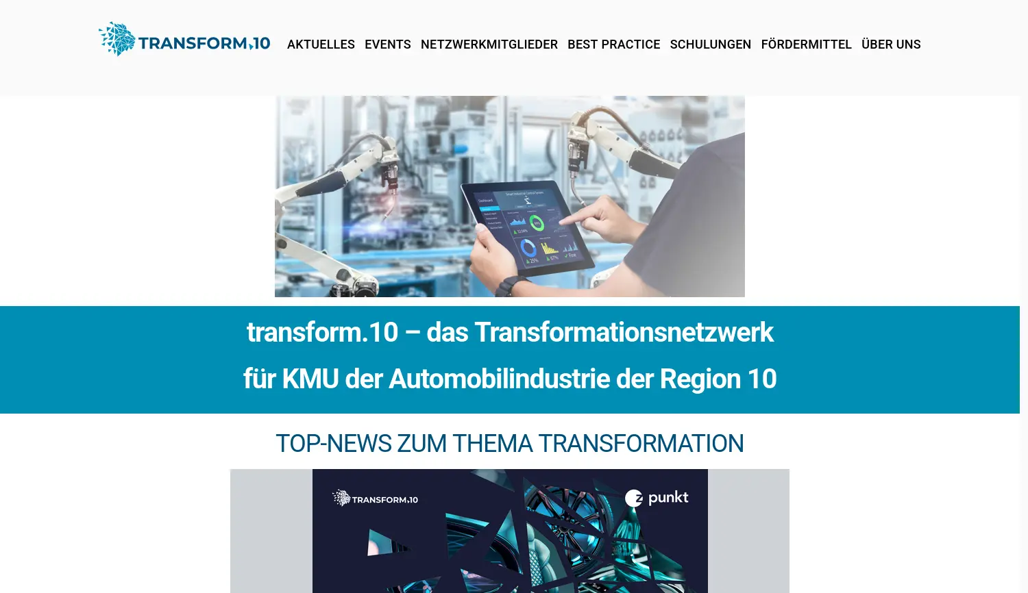 Website der Firma transform.10 – das Transformationsnetzwerk für KMU der Automobilindustrie der Region 10