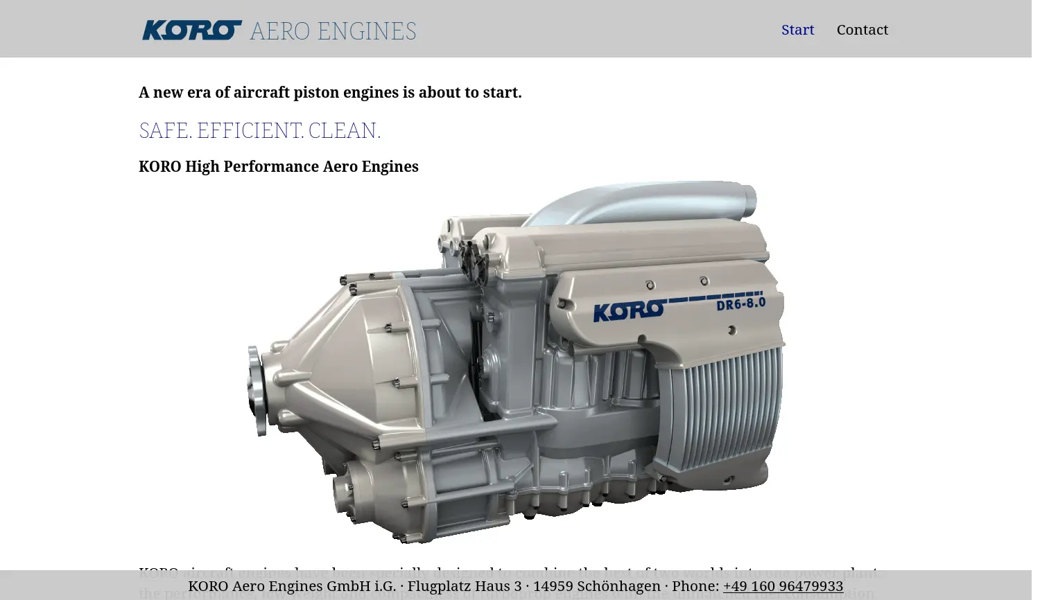 Website der Firma KORO Aero Engines GmbH