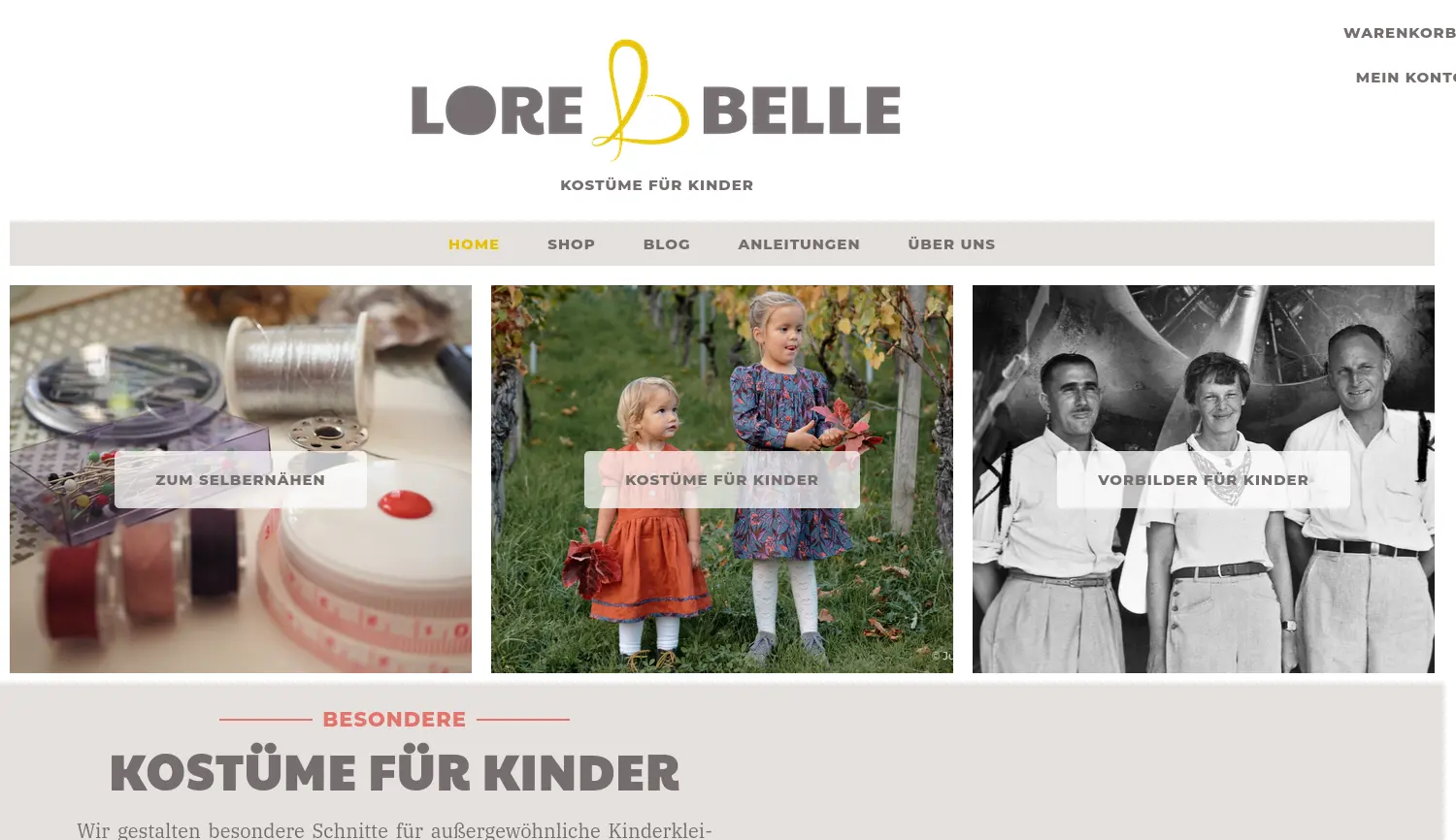 Website der Firma Lore & Belle, Schnittmuster für Kinderkleidung (Einzelunternehmer)