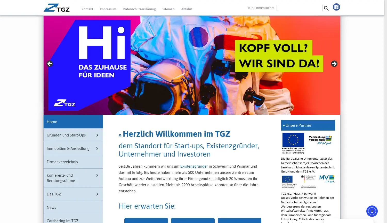 Website der Firma Technologie- und Gewerbezentrum e.V.
