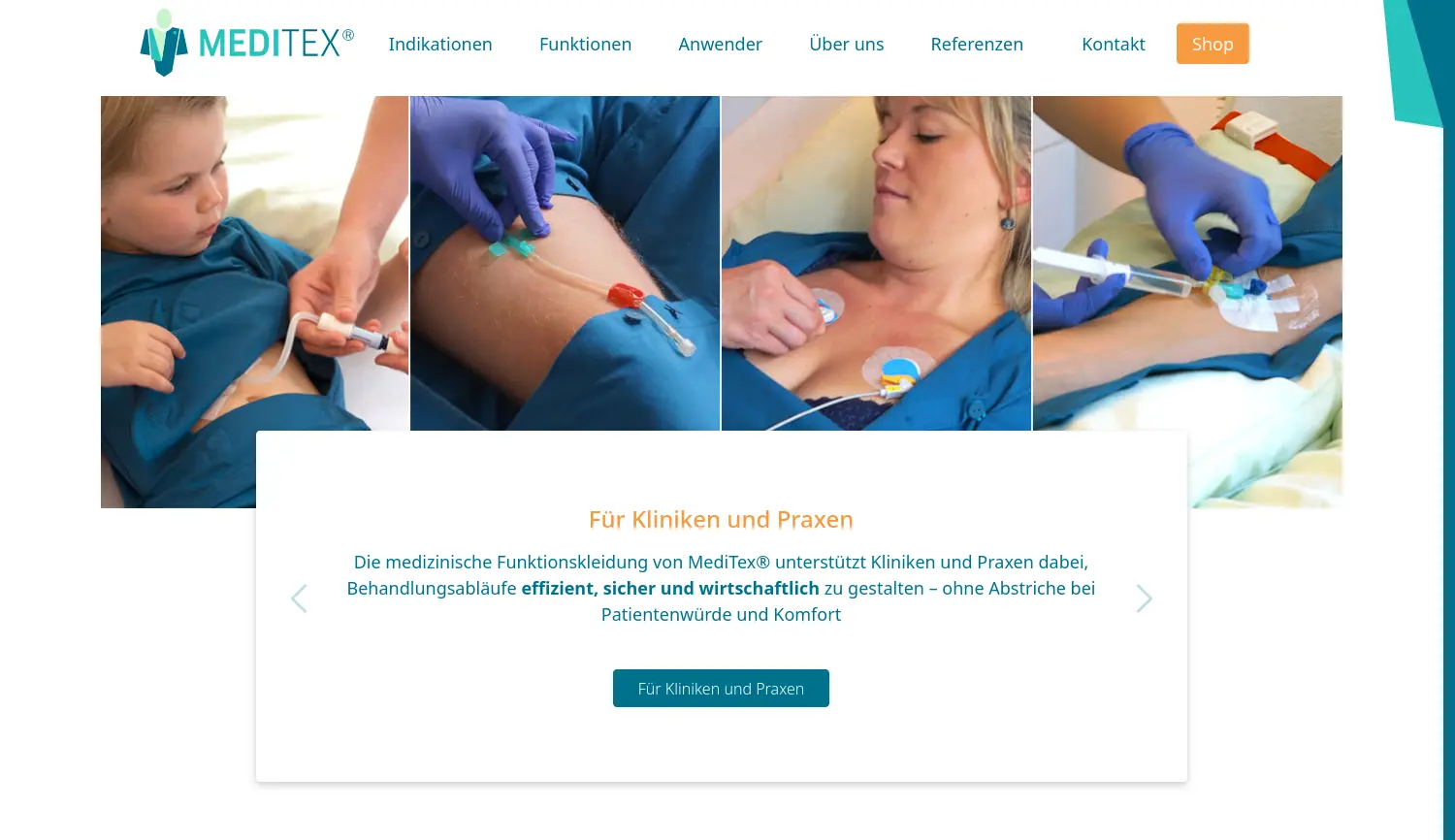 Website der Firma MediTex® Medizinische Funktionswäsche GmbH
