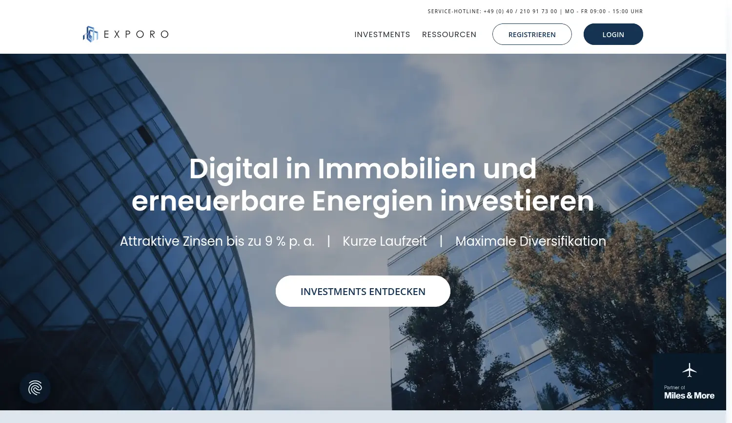 Website der Firma Exporo AG