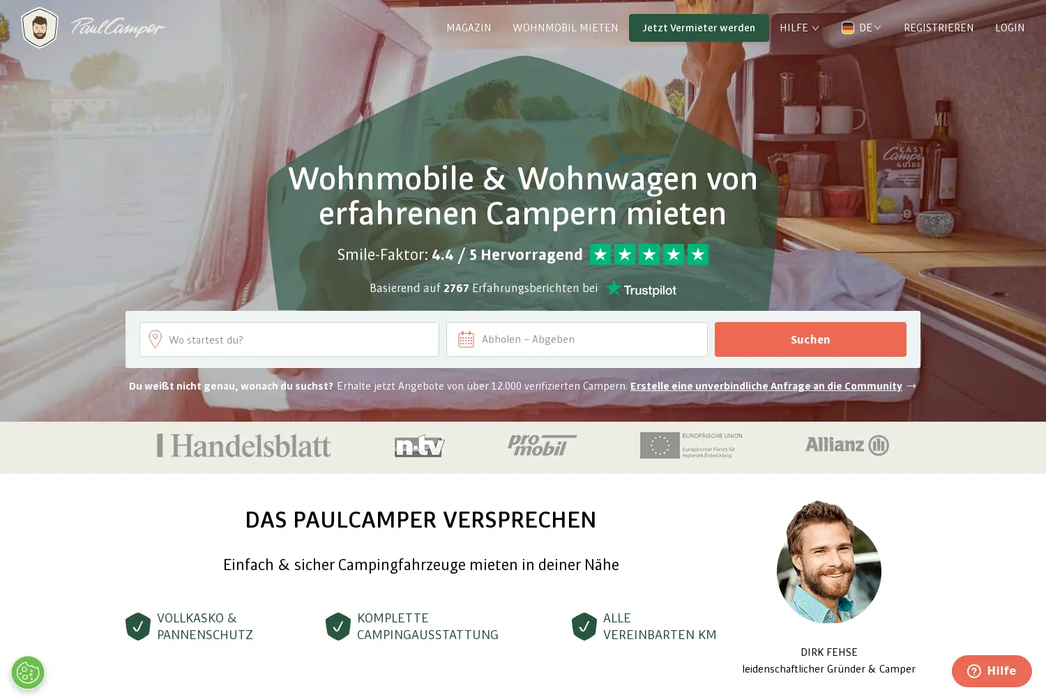 Website der Firma PaulCamper GmbH