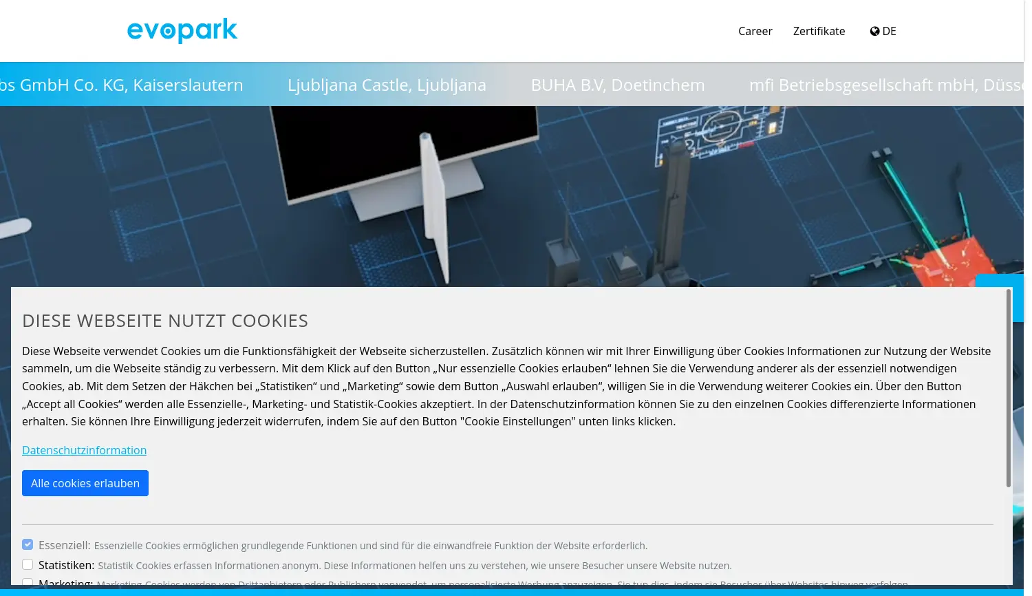 Website der Firma evopark GmbH