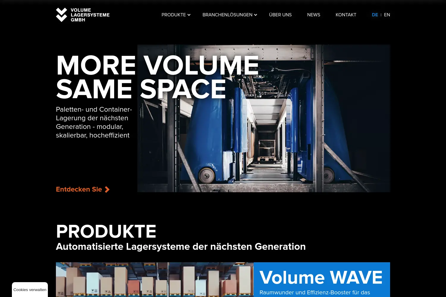 Website der Firma Volume Lagersysteme GmbH