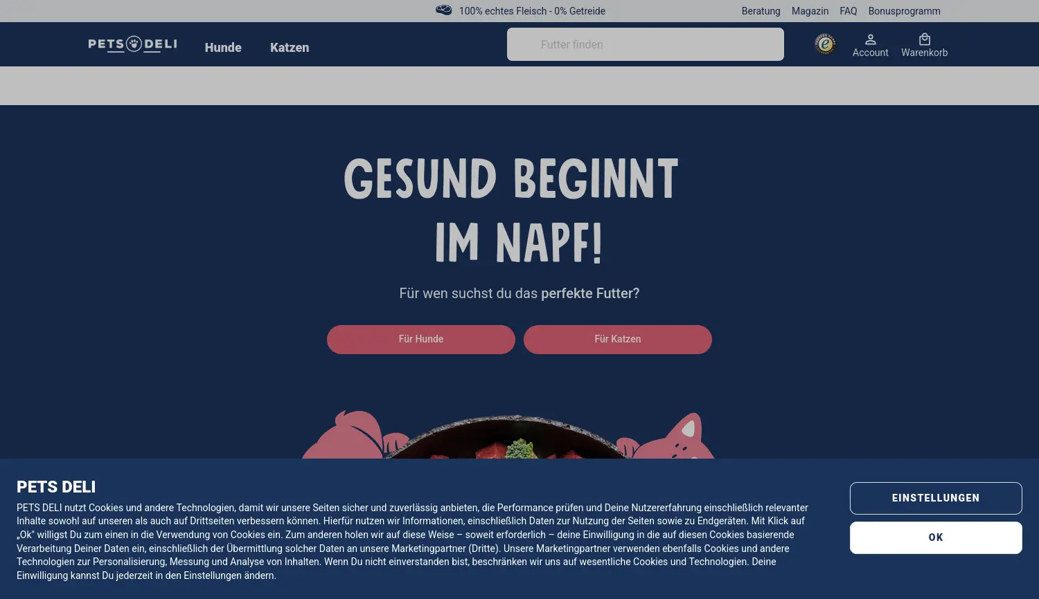 Website der Firma Pets Deli Tonius GmbH