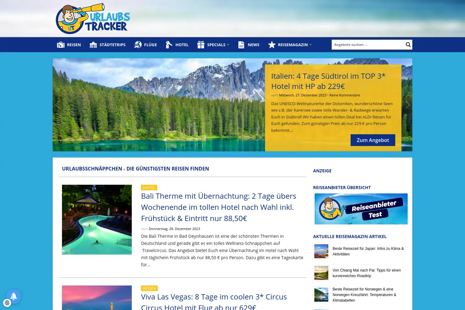 Website der Firma Urlaubstracker GmbH