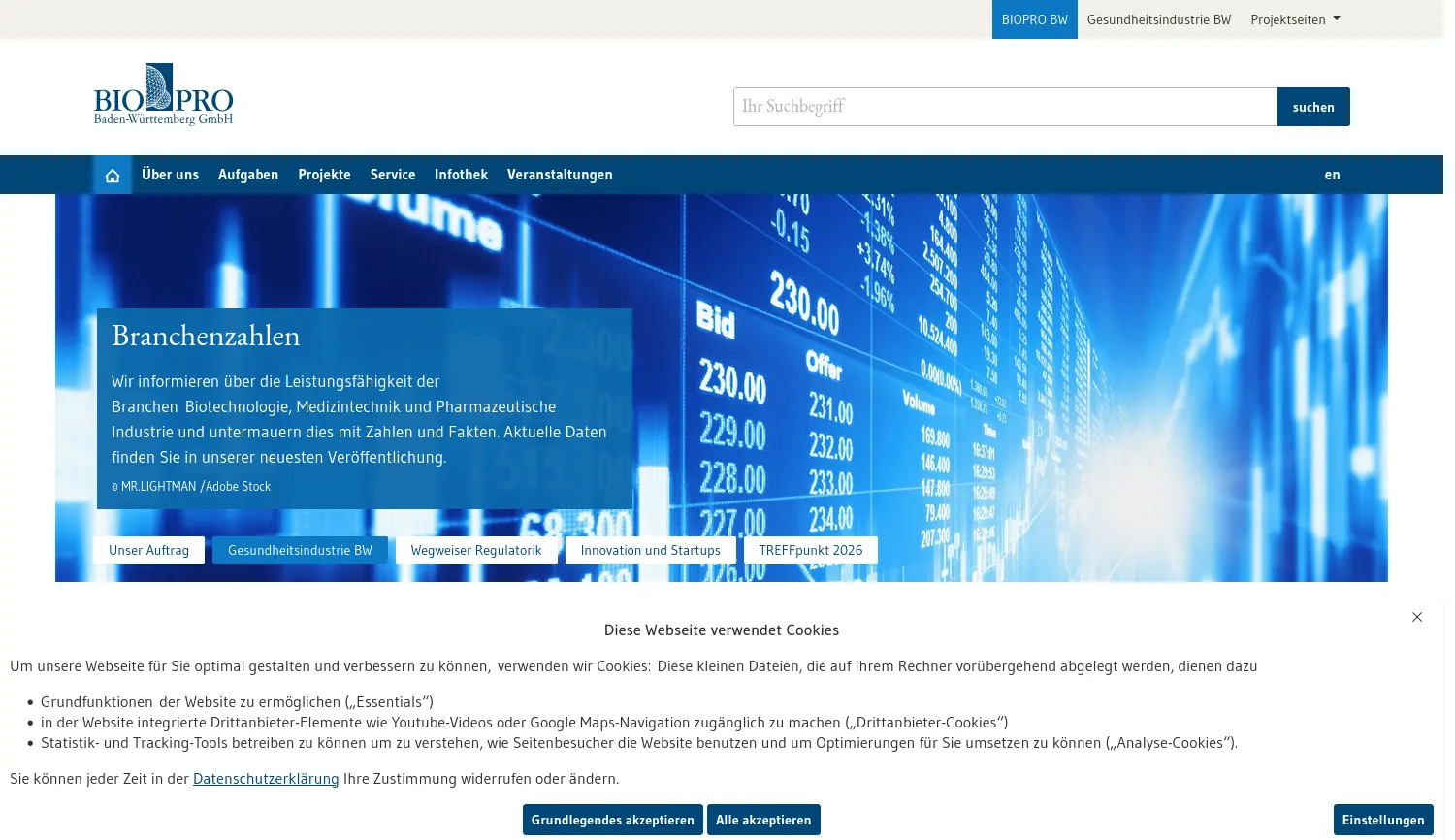 Website der Firma BIOPRO Baden-Württemberg GmbH