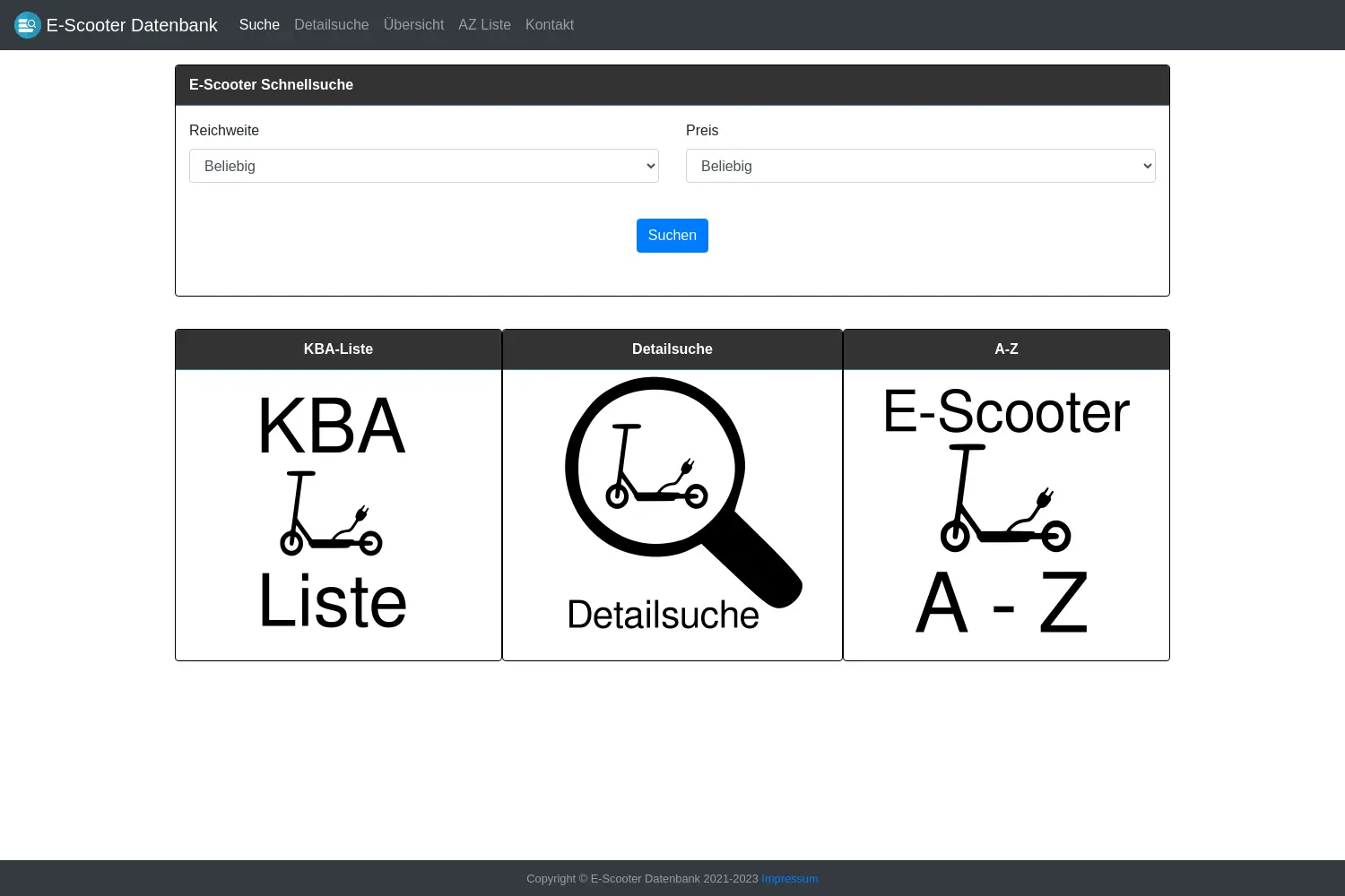 Website der Firma E-Scooter Datenbank