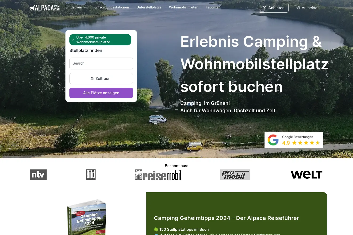 Website der Firma AlpacaCamping GmbH