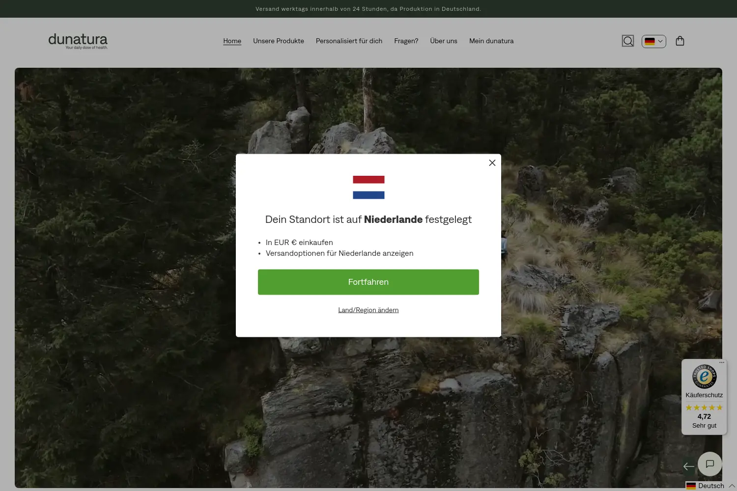 Website der Firma dunatura Tagespacks GmbH