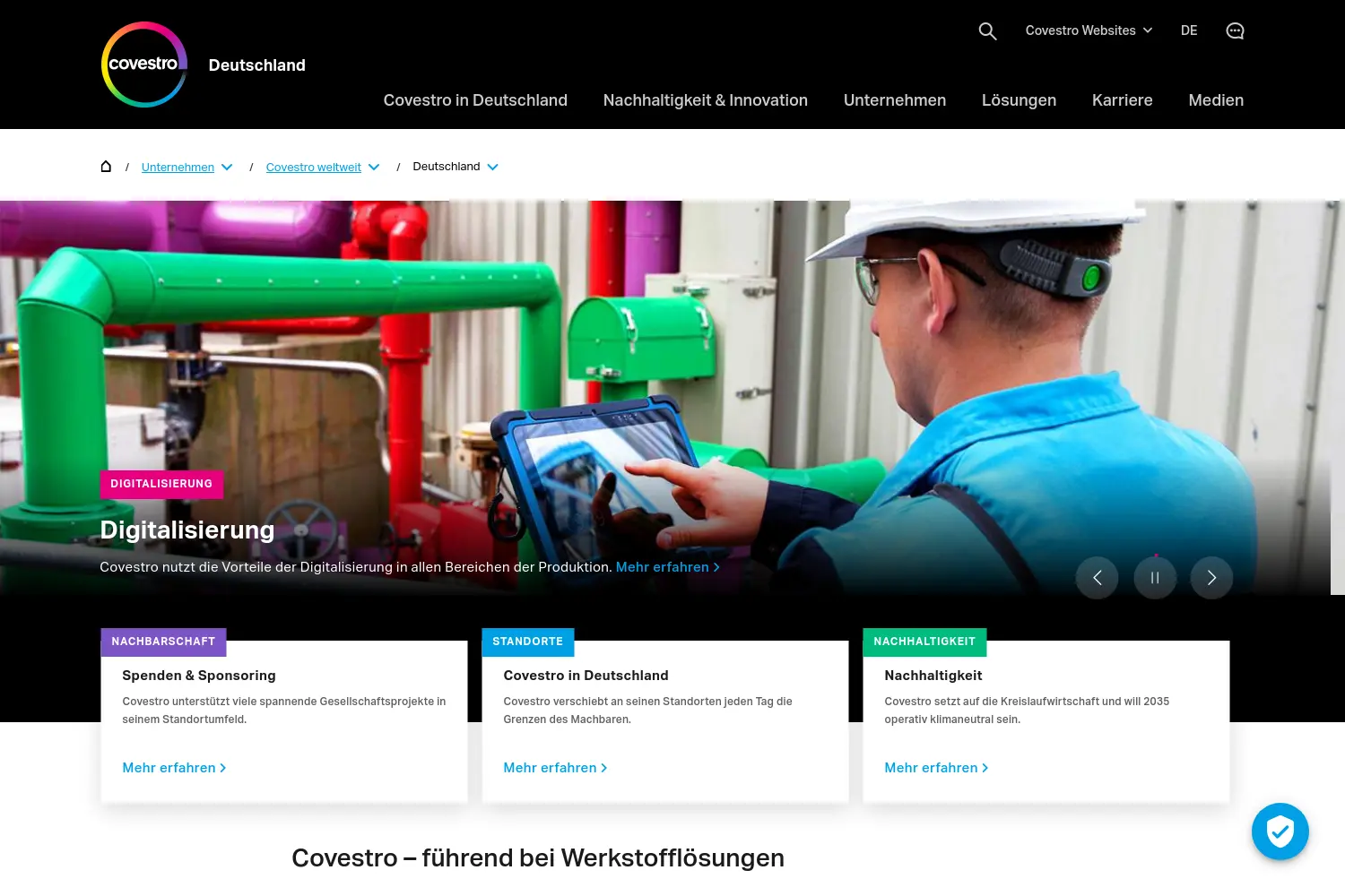 Website der Firma Covestro AG