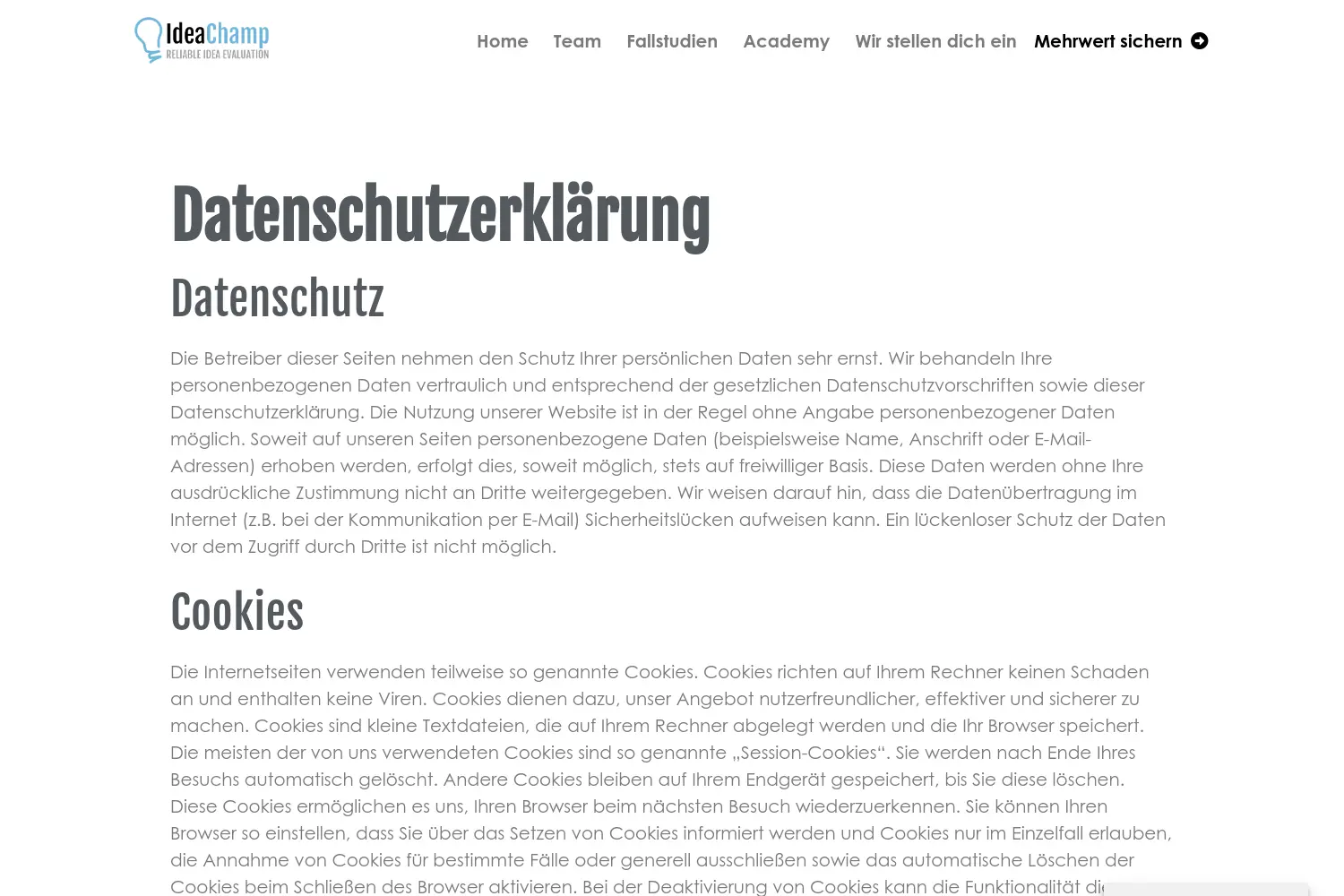 Website der Firma IdeaChamp Innovation GmbH