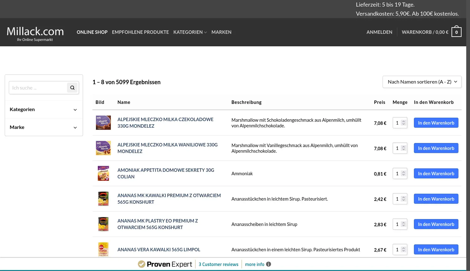Website der Firma Millack Delikatessen aus Polen GmbH