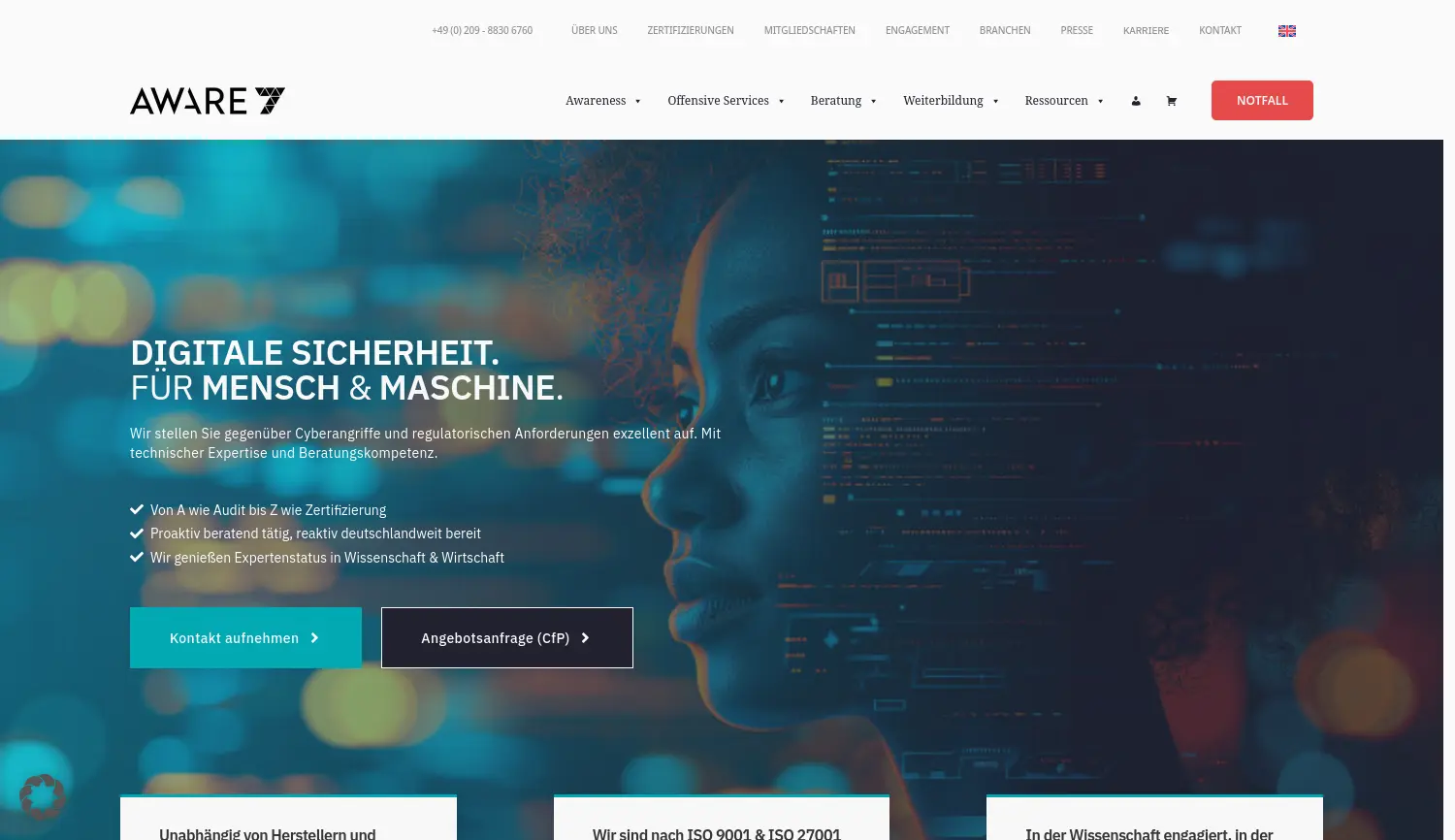 Website der Firma AWARE7 GmbH