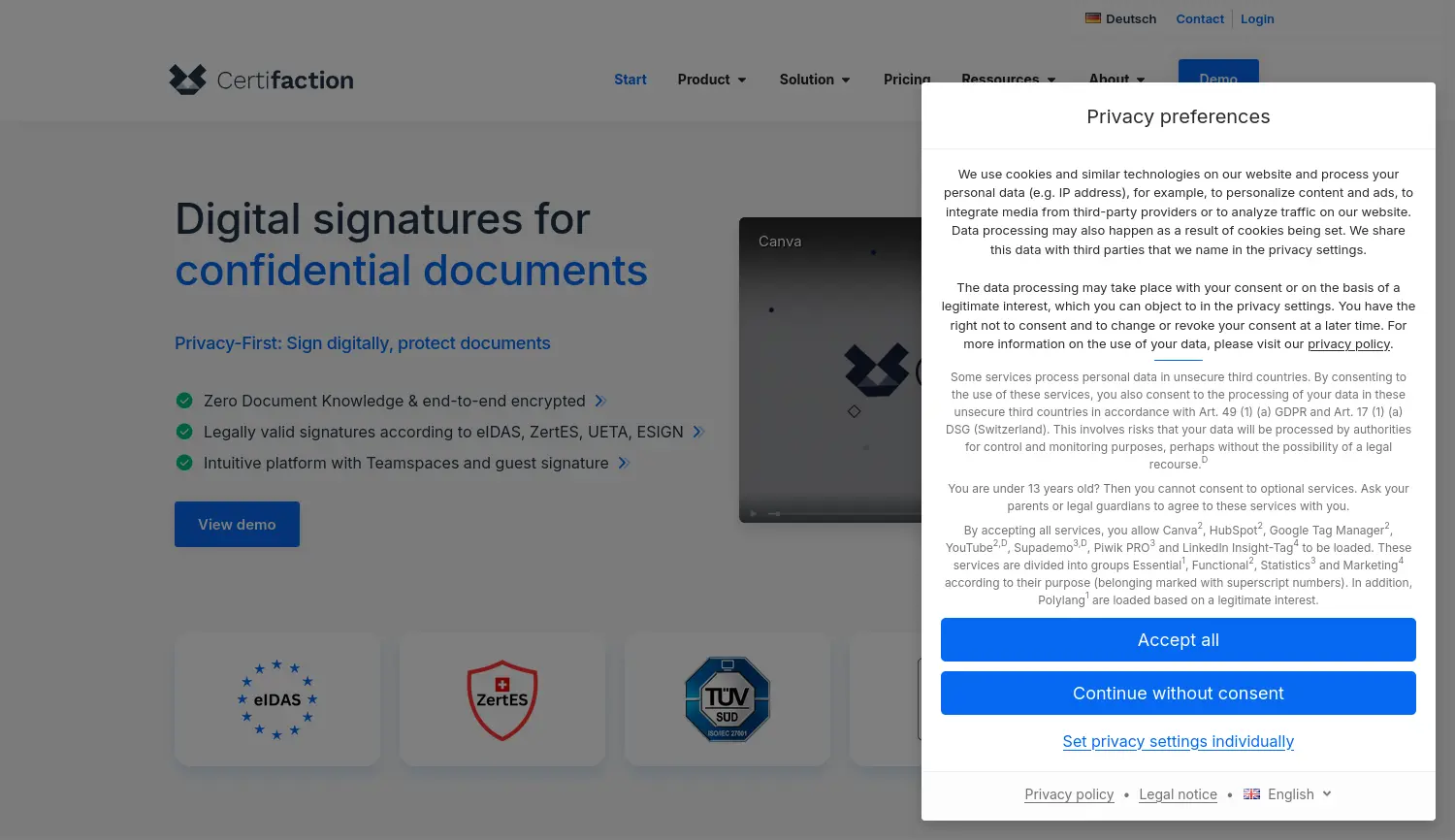 Website der Firma Certifaction AG