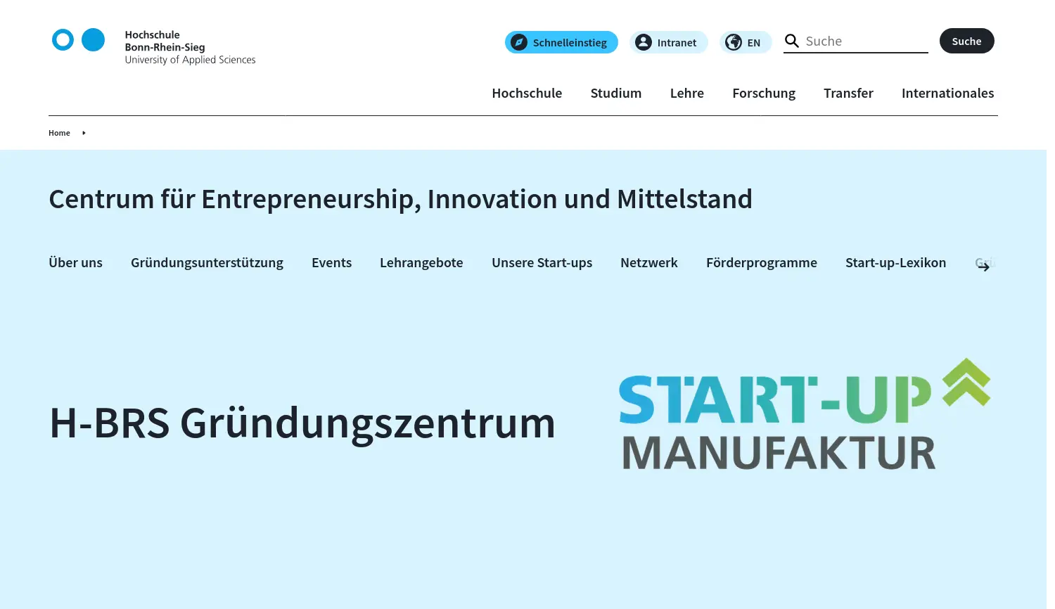 Website der Firma Start-up-Manufaktur – das Gründungszentrum der Hochschule Bonn-Rhein-Sieg
