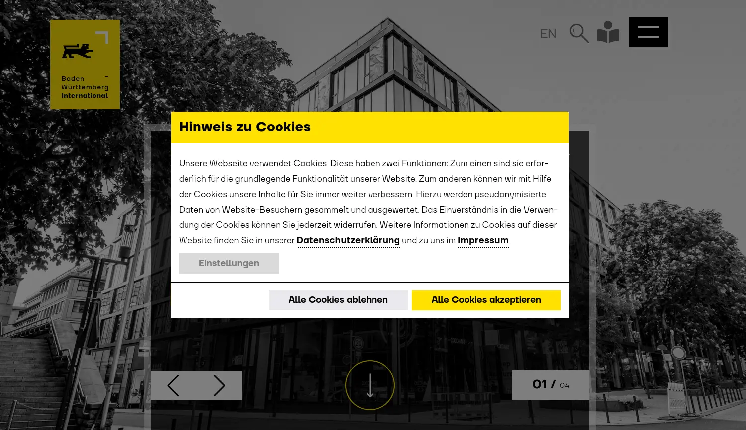 Website der Firma Baden-Württemberg International GmbH