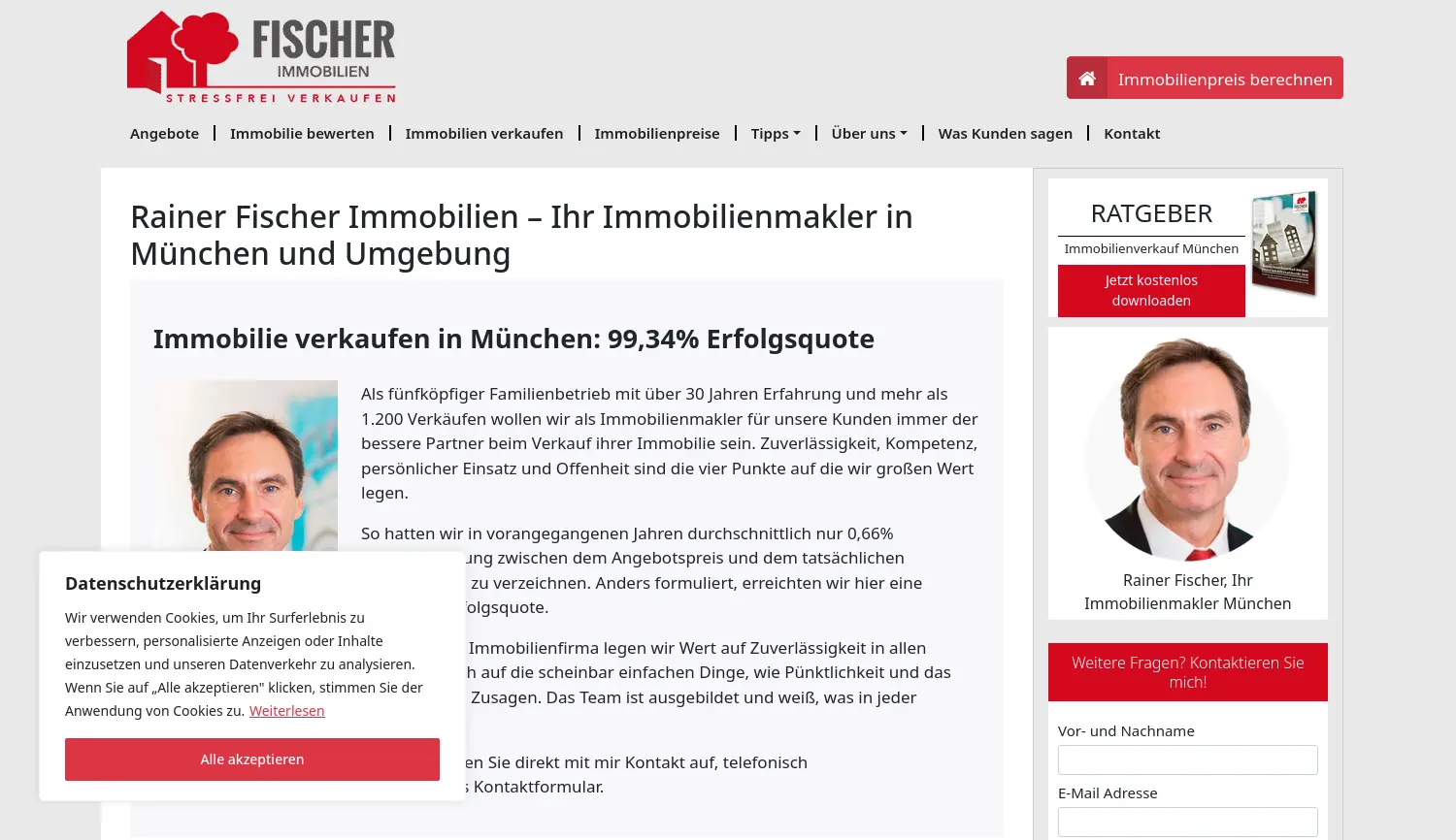 Website der Firma Rainer Fischer Immobilien |  Immobilienmakler München