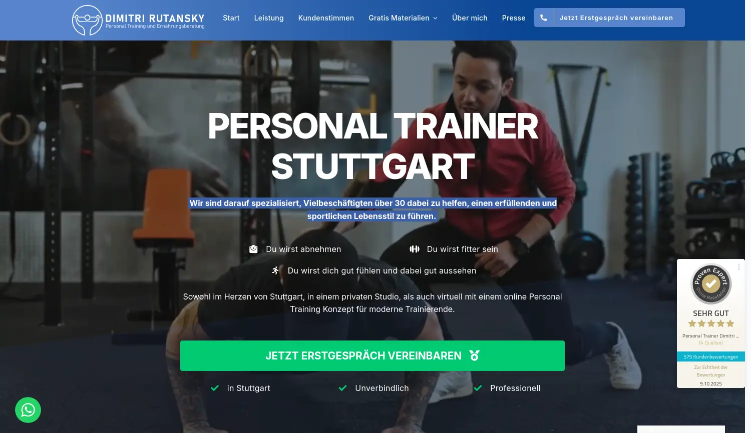 Website der Firma Personal Trainer Dimitri Rutansky. Einzelunternehmer