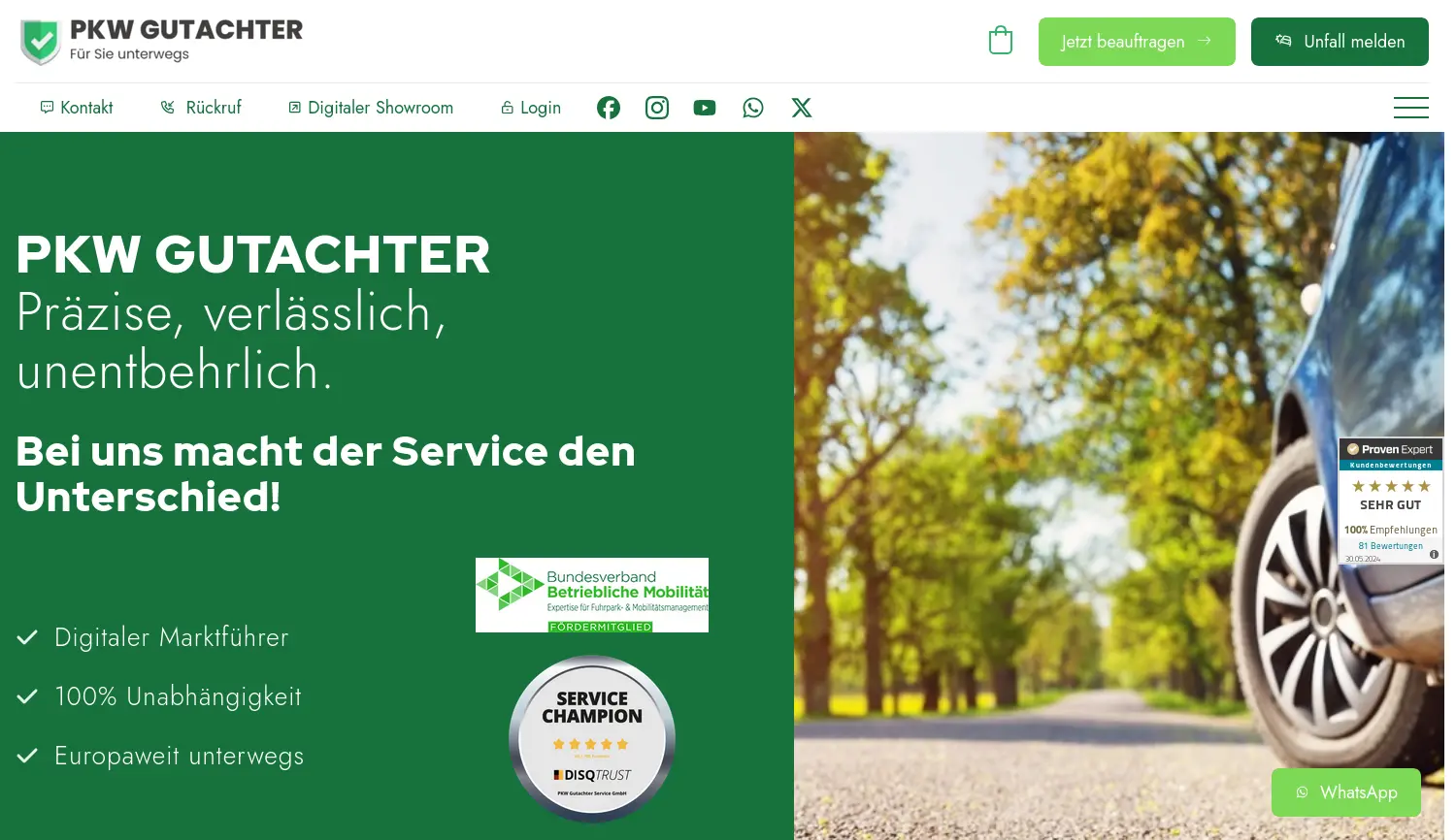 Website der Firma PKW Gutachter Service GmbH