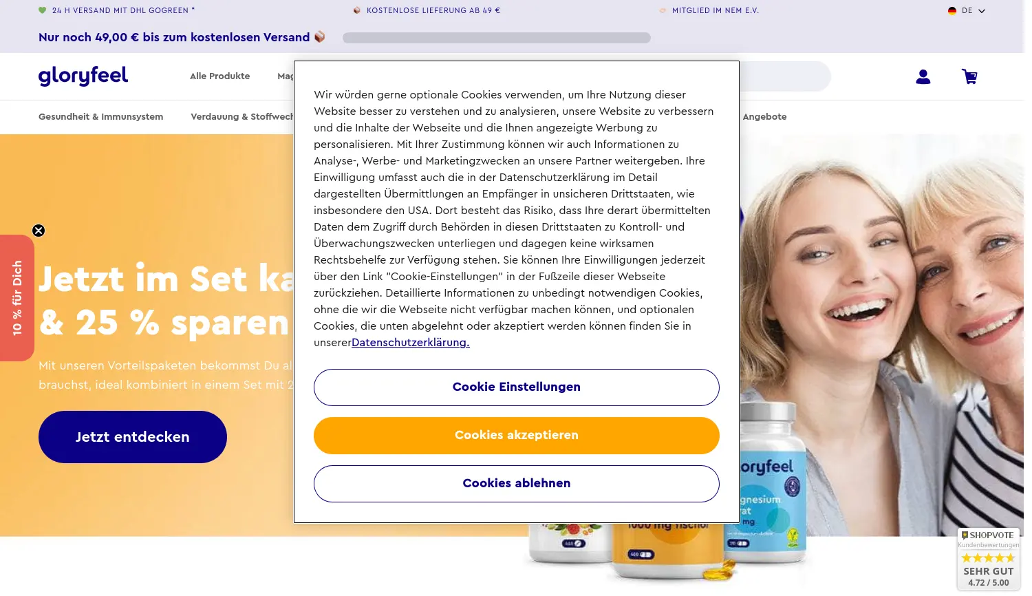 Website der Firma GLORYFEEL GLOBAL GmbH