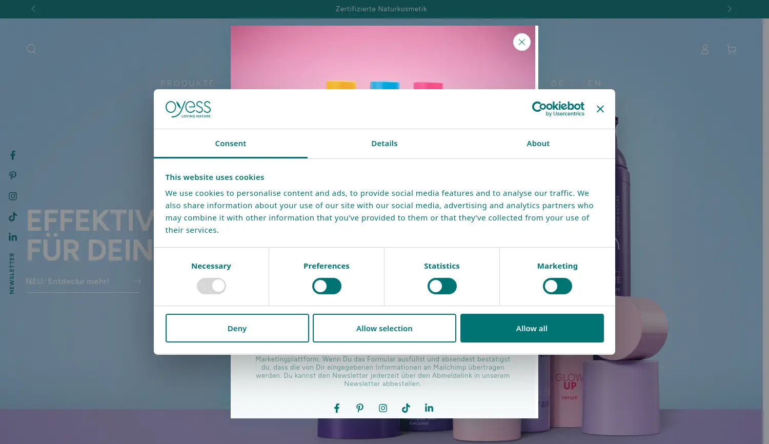 Website der Firma OYESS Beauty GmbH