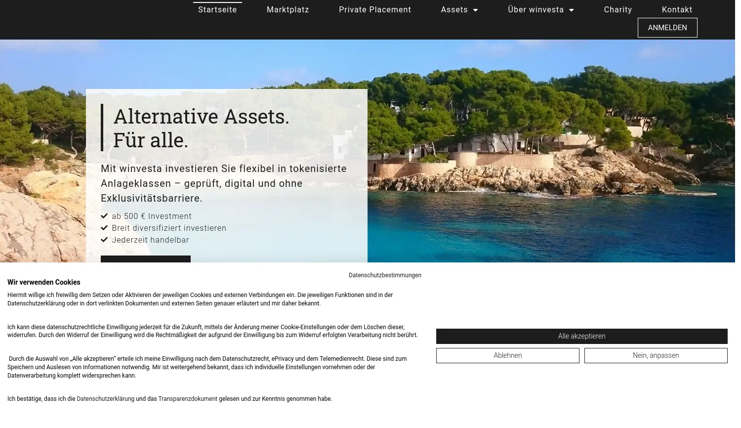 Website der Firma winvesta GmbH